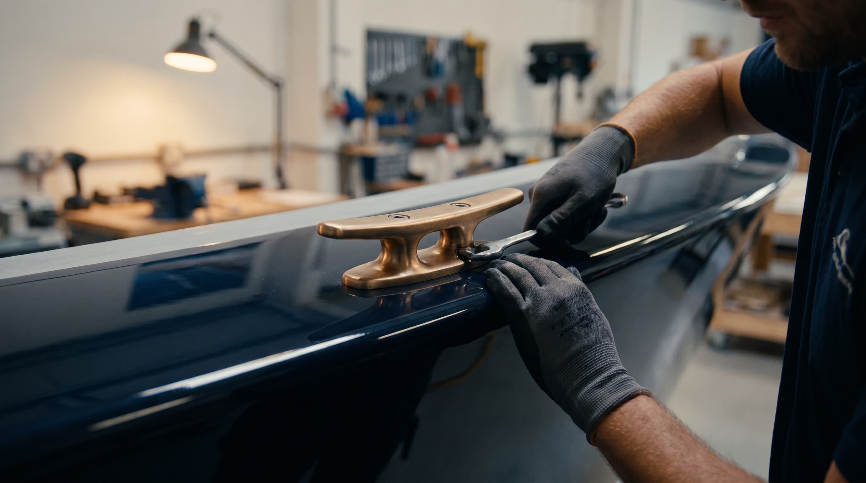 A builder fitting a warm bronze cleat onto a deep navy fiberglass hull in the shop.