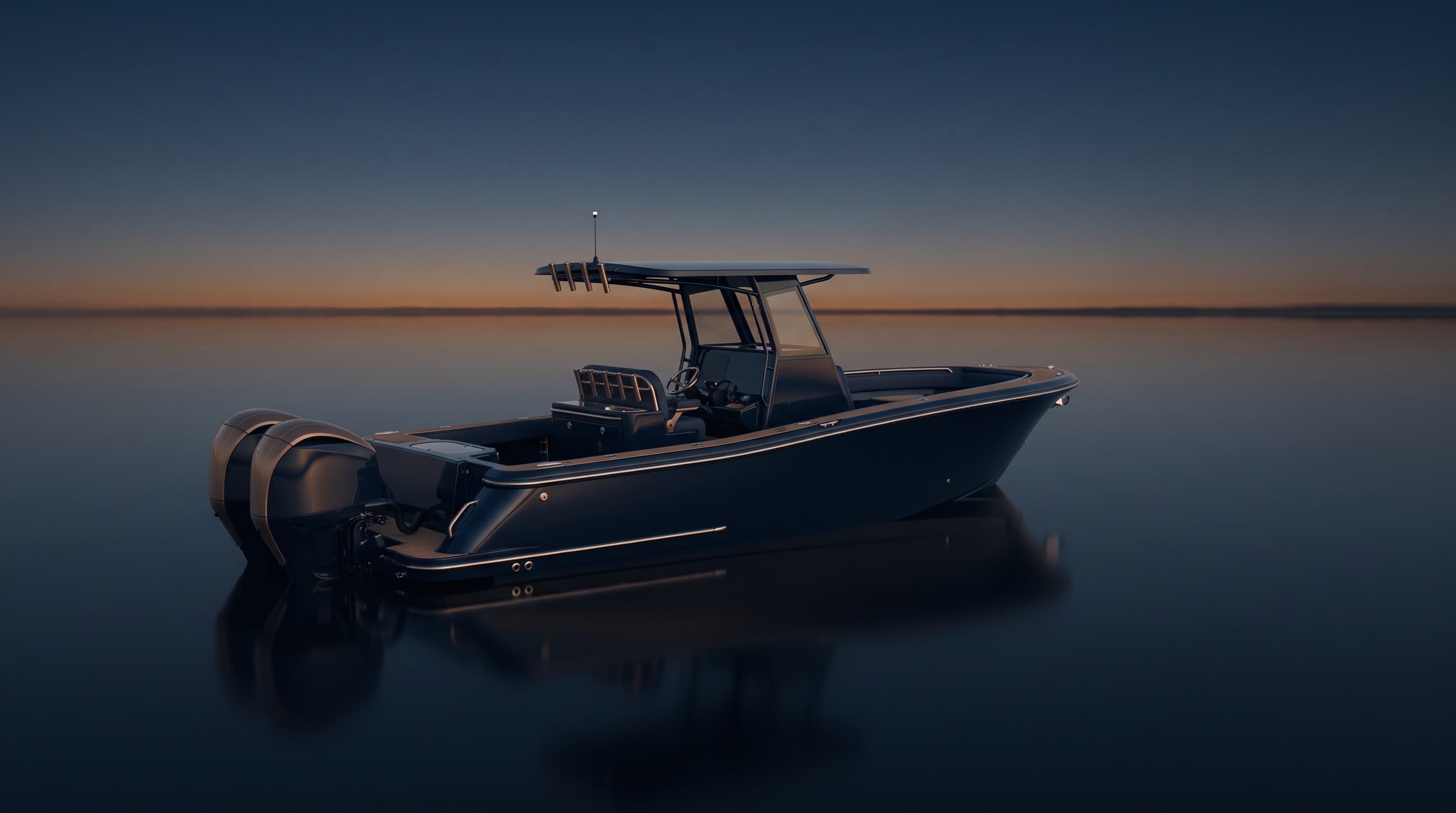 The Astraea 28 at rest on calm dark water at dusk — a deep navy center console. Design rendering.